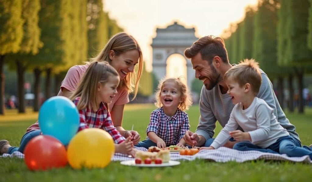 A family of five, including two adults and three children, sit on a blanket in a park near the Arc de Triomphe. They are having a picnic with balloons nearby.