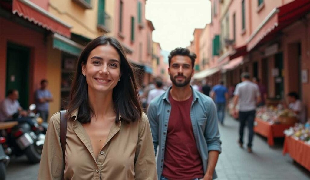 Two people walk down a lively street with market stalls, colorful buildings, and other pedestrians in the background. The woman in front smiles at the camera while the man behind looks ahead.