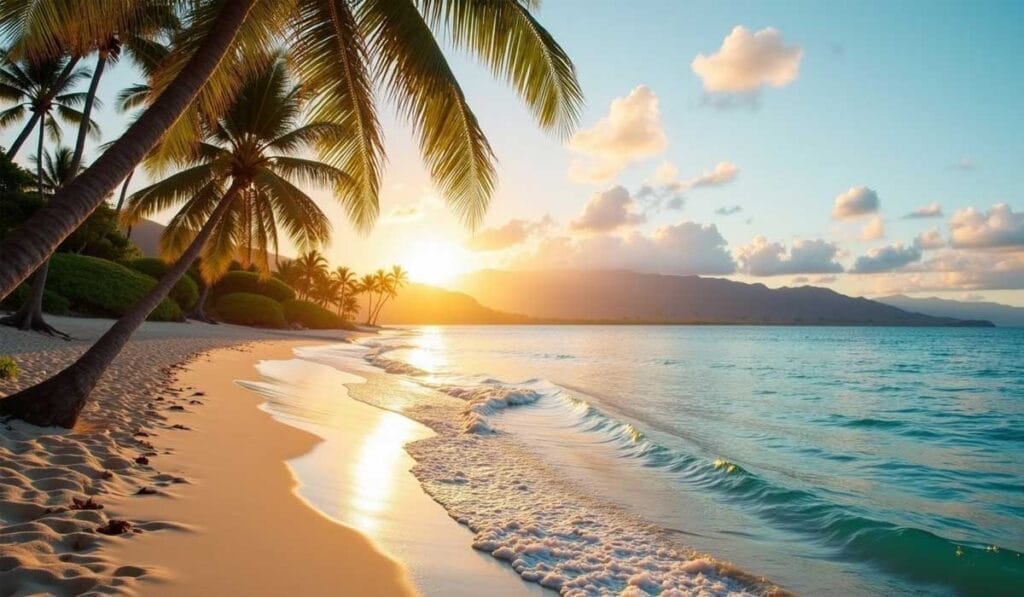 A serene beach at sunset with palm trees, gentle waves, and a partly cloudy sky.