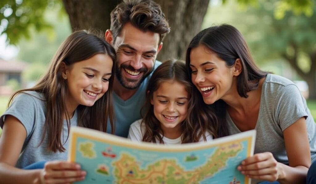 A family of four sits outside of Disney World under a tree, smiling and looking at a colorful map together.