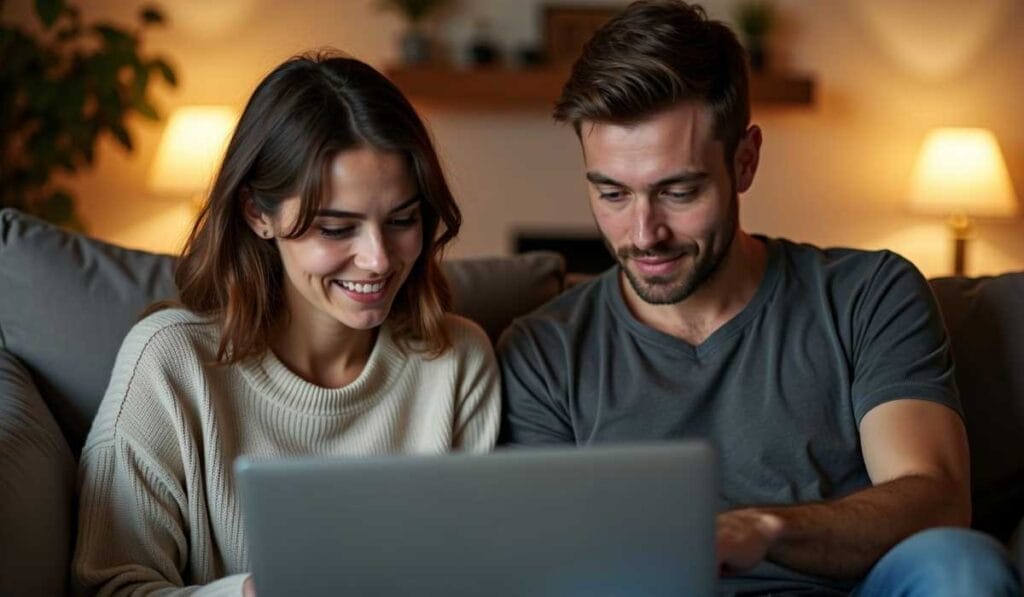 A man and woman sit on a couch, looking at a laptop screen together. Both appear engaged and are smiling, with warm lighting and home decor visible in the background.