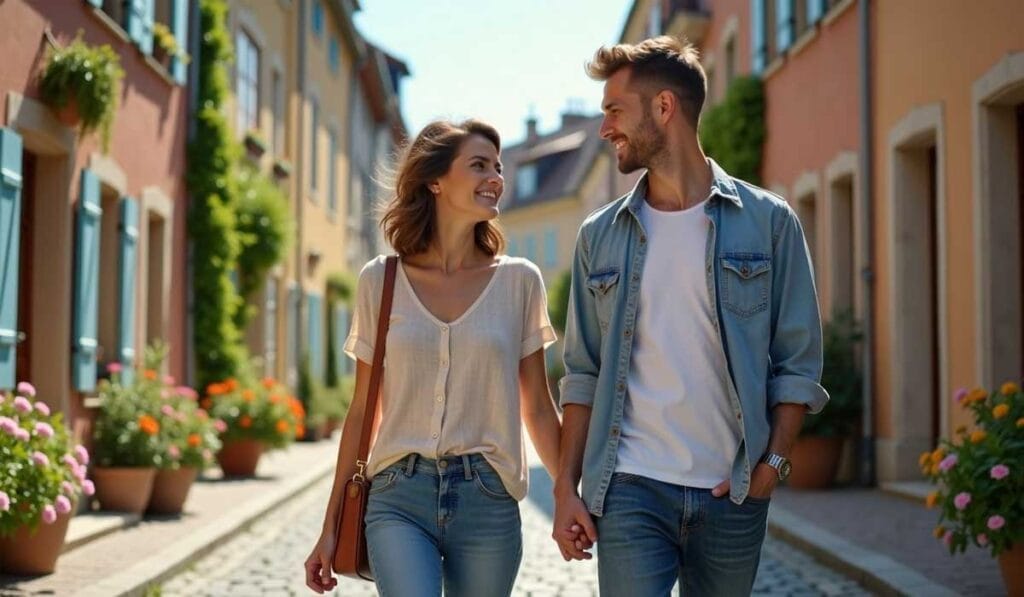 A smiling couple walks hand in hand down a quaint, colorful street lined with flowers and plants.