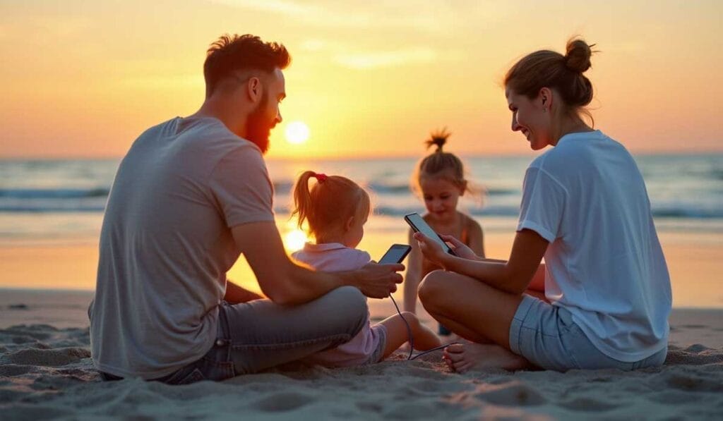 A family of four sits on the beach at sunset, two adults and two children, all looking at electronic devices.