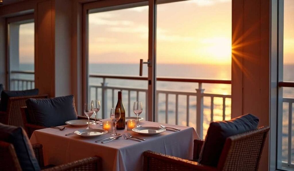 A table set for two with wine, glasses, and candles is positioned by a window with a view of the ocean at sunset.