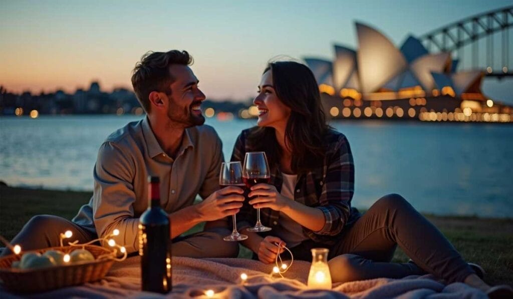 A couple toasts with wine glasses during a picnic by the water, with the Sydney Opera House and Sydney Harbour Bridge in the background at dusk.