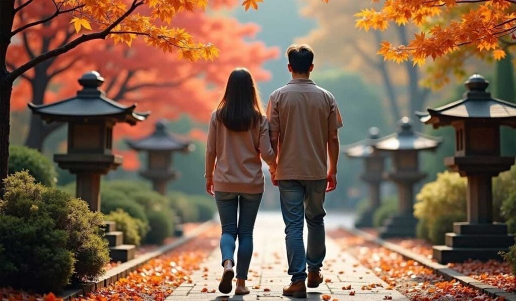 A couple holding hands walks down a path lined with stone lanterns and vibrant autumn foliage.