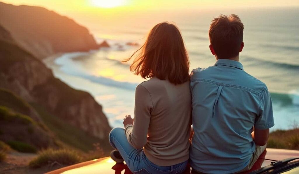 A couple sits on the roof of a car, overlooking a coastal cliff at sunset. The ocean and horizon stretch out in front of them, bathed in warm light.