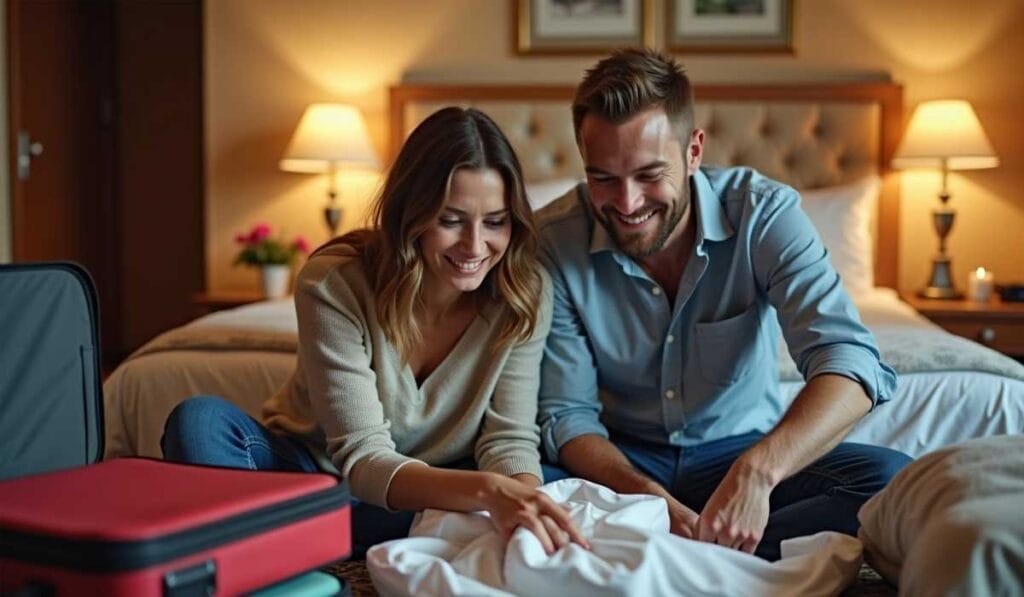 A man and woman unpack a suitcase on a hotel bed, smiling as they organize their belongings. Two bedside lamps light the room.