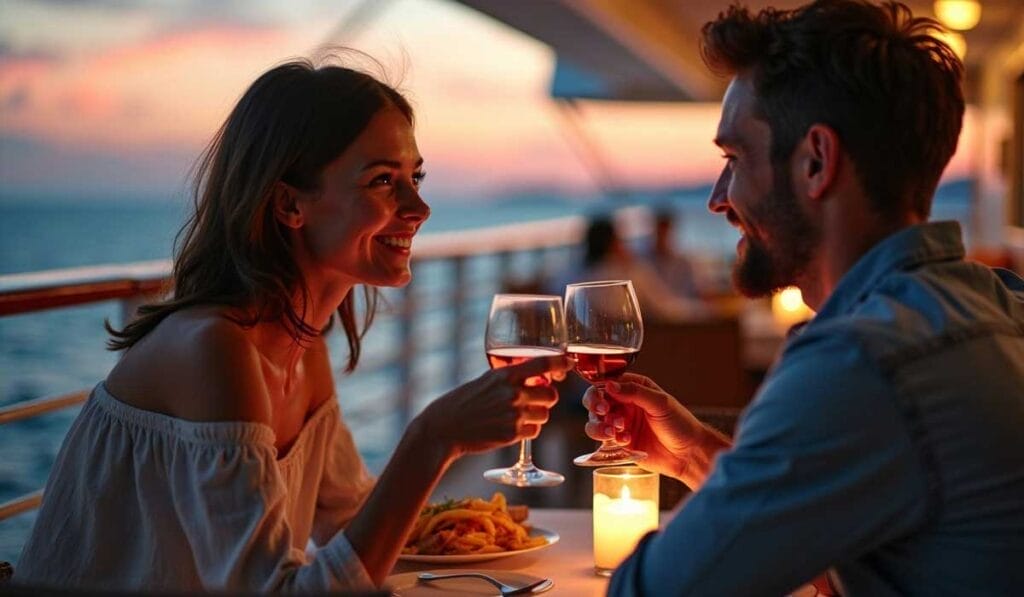 A couple clinks wine glasses while enjoying a meal on a boat at sunset.