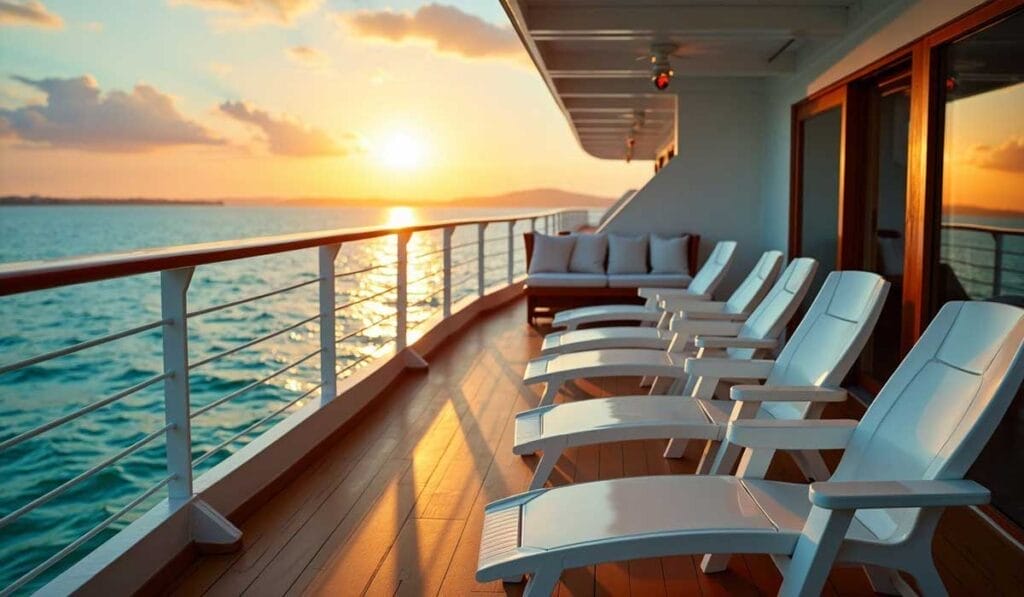 Five white deck chairs on a cruise ship's deck overlook a calm ocean at sunset, with sun rays illuminating the water and sky.