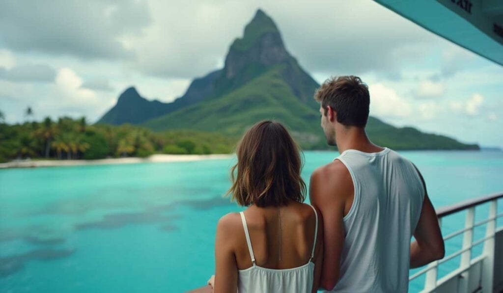 A couple stands on a balcony overlooking clear turquoise water with a lush, mountainous island in the background.