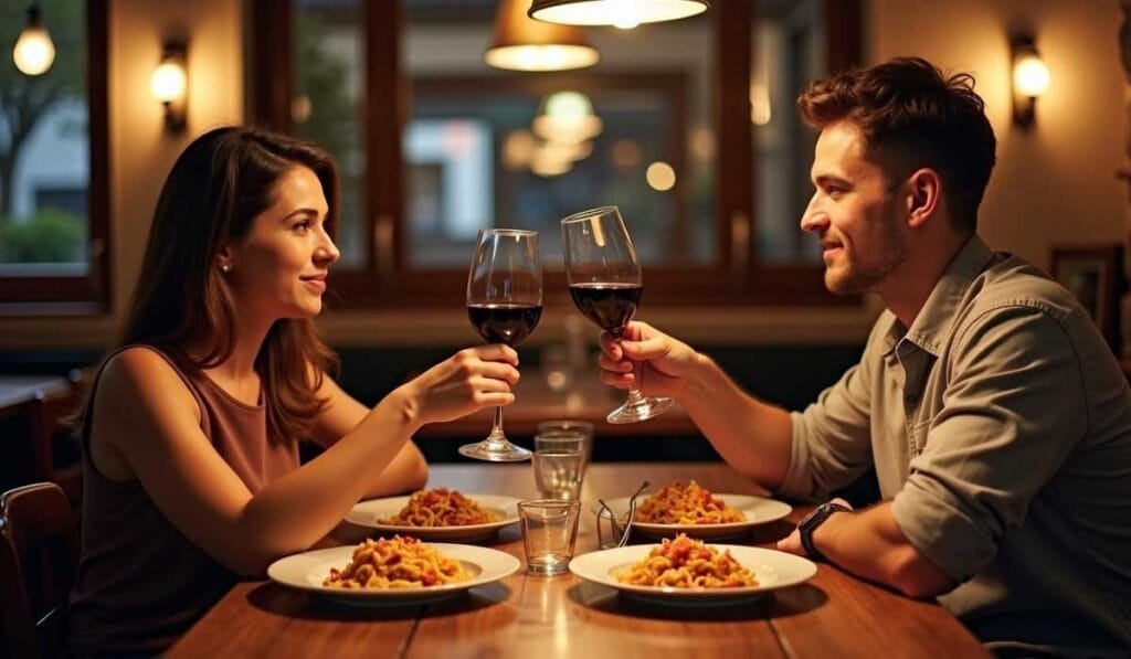 A couple clinks wine glasses over a meal of pasta at a warmly lit restaurant.