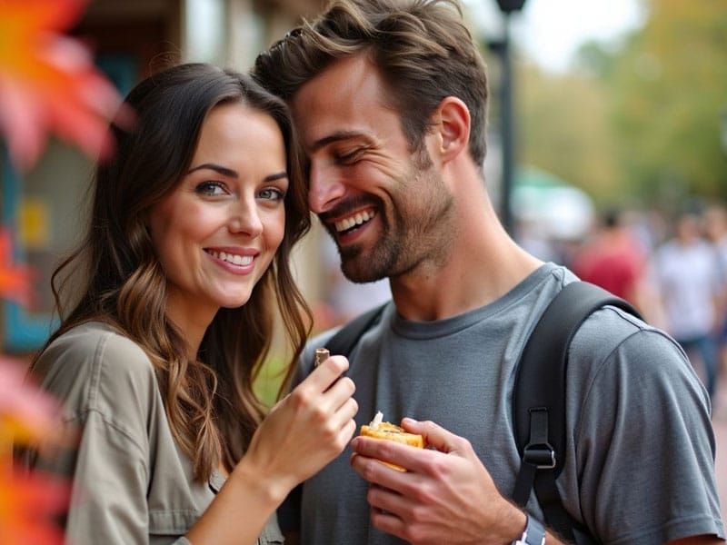 A woman and a man smiling while sharing food outdoors on a sunny day. The man is holding the food, and the woman is about to take a bite. Both are casually dressed.