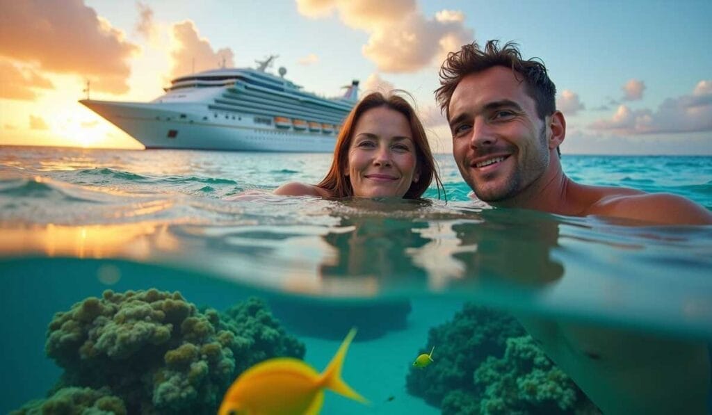 A man and woman swimming in the ocean near coral and fish, with a large cruise ship in the background at sunset.