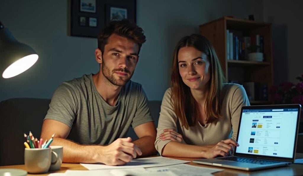 A man and a woman sit at a table with documents and a laptop displaying a website. They are looking at the camera. A lamp and various office supplies are also on the table.