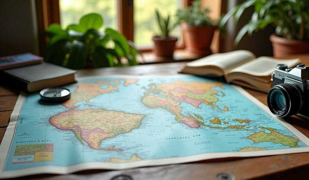 A world map is spread out on a wooden table, surrounded by books, a camera, and potted plants near a window.