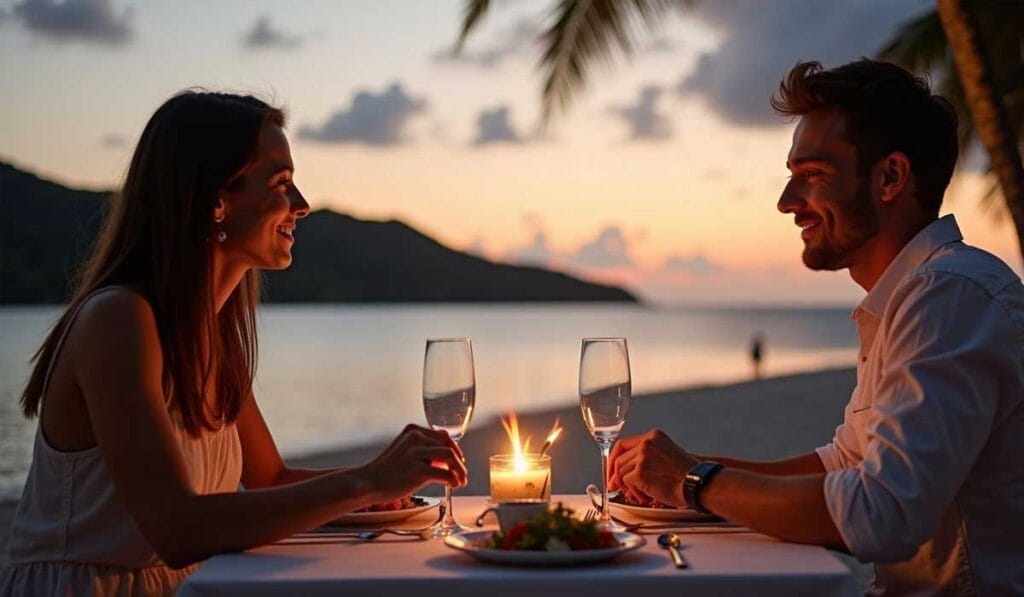 A man and a woman sit across from each other at a table on a beach at sunset, with food, two glasses of wine, and a lit candle between them.