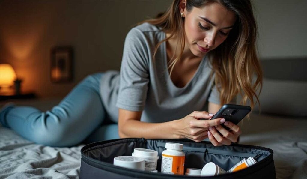 A woman is lying on a bed, looking at her phone, with an open case containing various medication bottles in front of her.