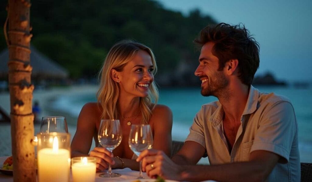 A couple enjoys a candlelit dinner on a beach in the evening, smiling at each other while holding wine glasses.