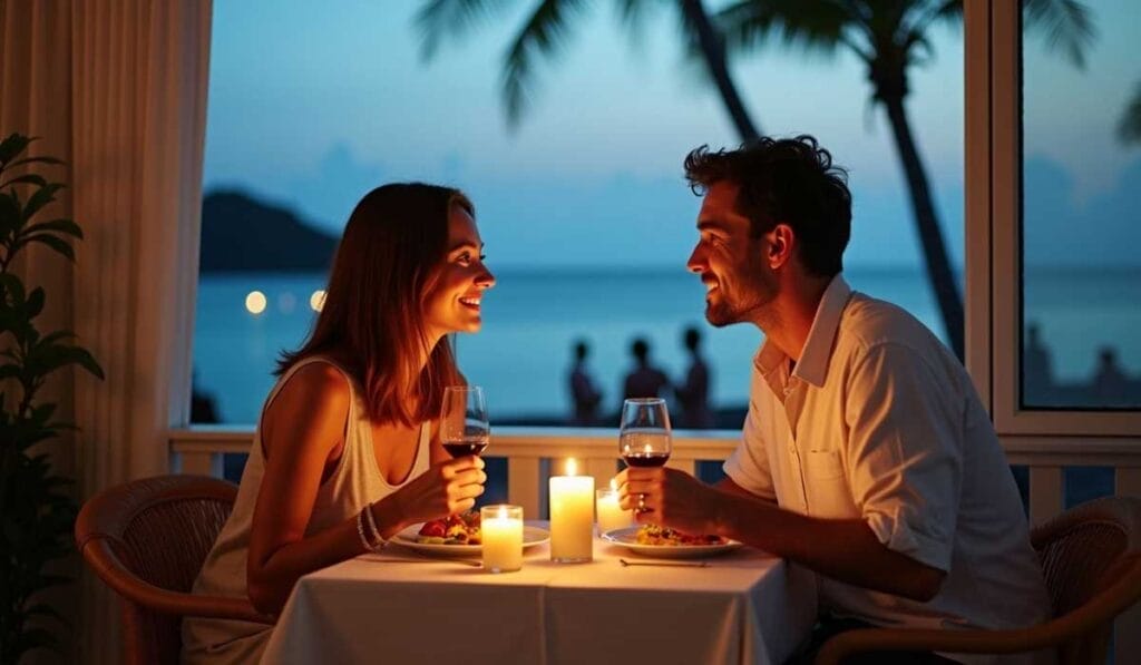 A couple sits at a candlelit dinner table by a window with an ocean view during dusk, smiling at each other and holding wine glasses.