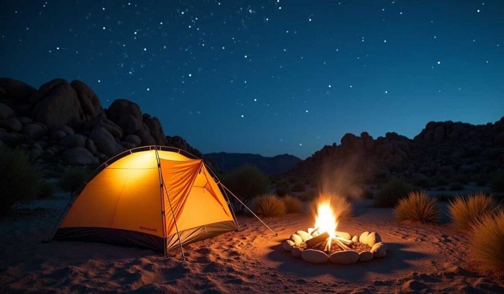 A glowing orange tent and campfire under a starry sky in a desert landscape with rocky hills and sparse vegetation.