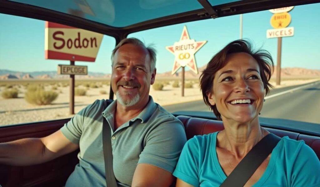 A man and woman smile while driving in a car through a desert area on Route 66, with retro-style signs visible in the background.