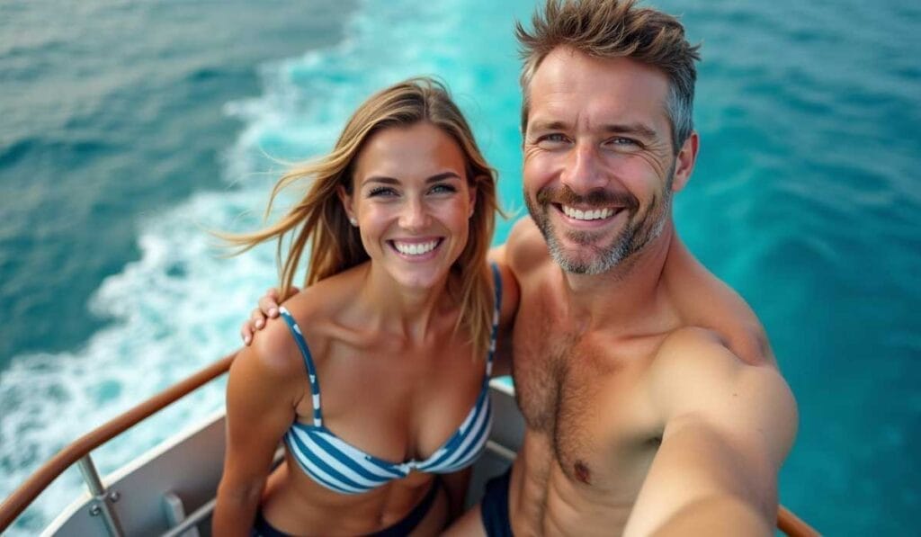 A man and woman in swimwear smile at the camera while standing on a boat in the ocean.