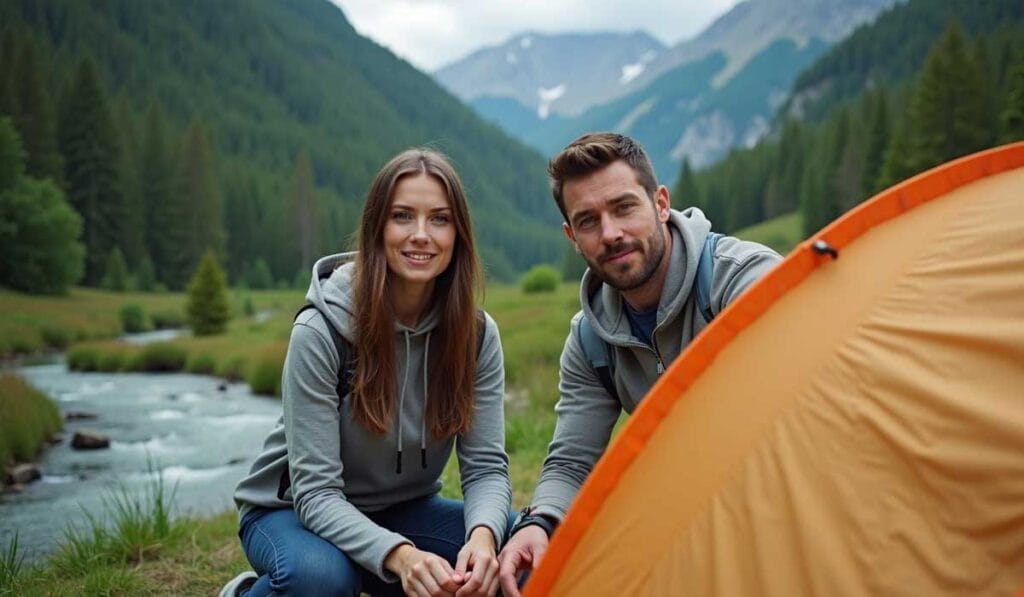 Two people wearing hoodies sit beside an orange tent in a mountainous landscape with a river and pine trees in the background.