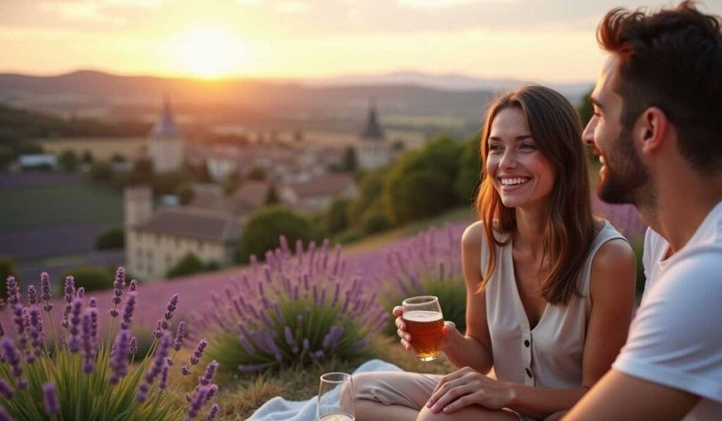 A woman and man enjoying drinks sit on a blanket among lavender fields at sunset with a village in the background.