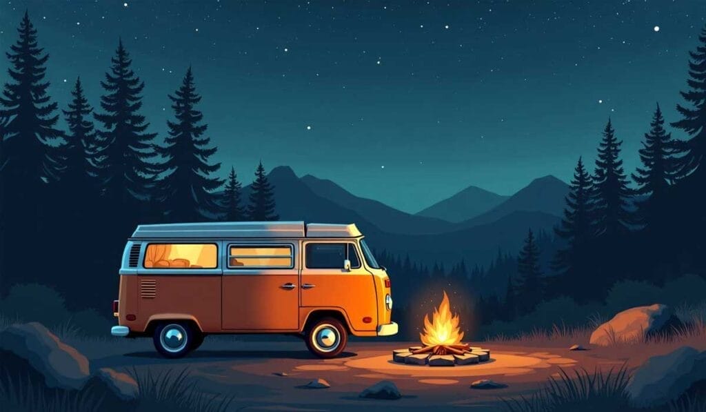 An orange van is parked next to a campfire in a forested area at night, with mountains and a starry sky in the background.