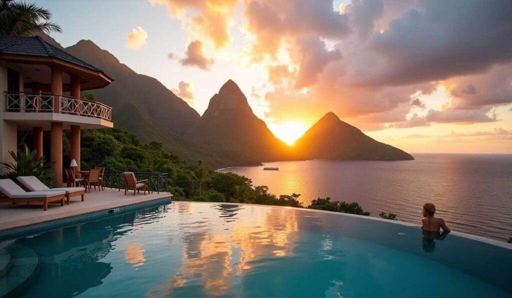 A person relaxes in an infinity pool overlooking a bay at sunset, with a backdrop of mountains and partly cloudy skies. A multi-story building with a patio is visible to the left.