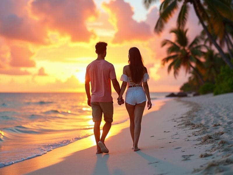 A couple holding hands, walking along a sandy beach at sunset, with palm trees and ocean waves in the background.