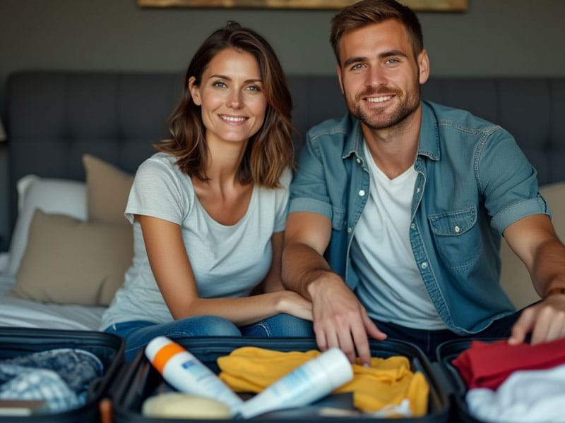 A man and a woman sit on a bed smiling at the camera with an open suitcase filled with clothes, sunscreen, and toiletries in the foreground.