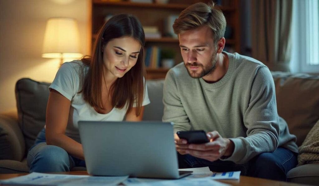 A man and woman sit on a couch, focused on a laptop and a smartphone. Papers are scattered on the table in front of them. A lamp illuminates the cozy, dimly lit room.