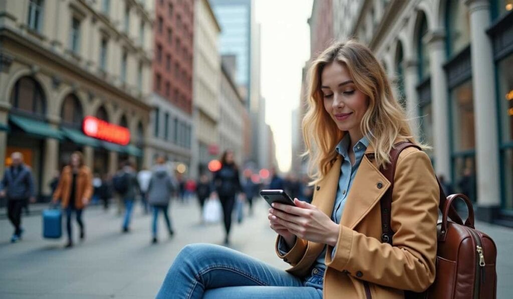 A person sits on an outdoor bench in an urban street, looking at their phone. They wear a tan coat and jeans with a brown backpack. The background shows a cityscape with people walking and buildings.