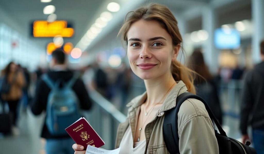 A woman in an airport holding a passport and boarding pass, standing among other travelers with blurred airport signs in the background.