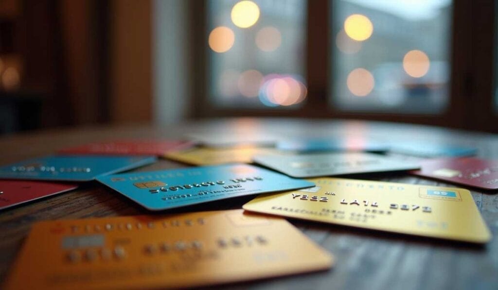 A close-up of various credit cards scattered on a table with a blurred background of window lights.