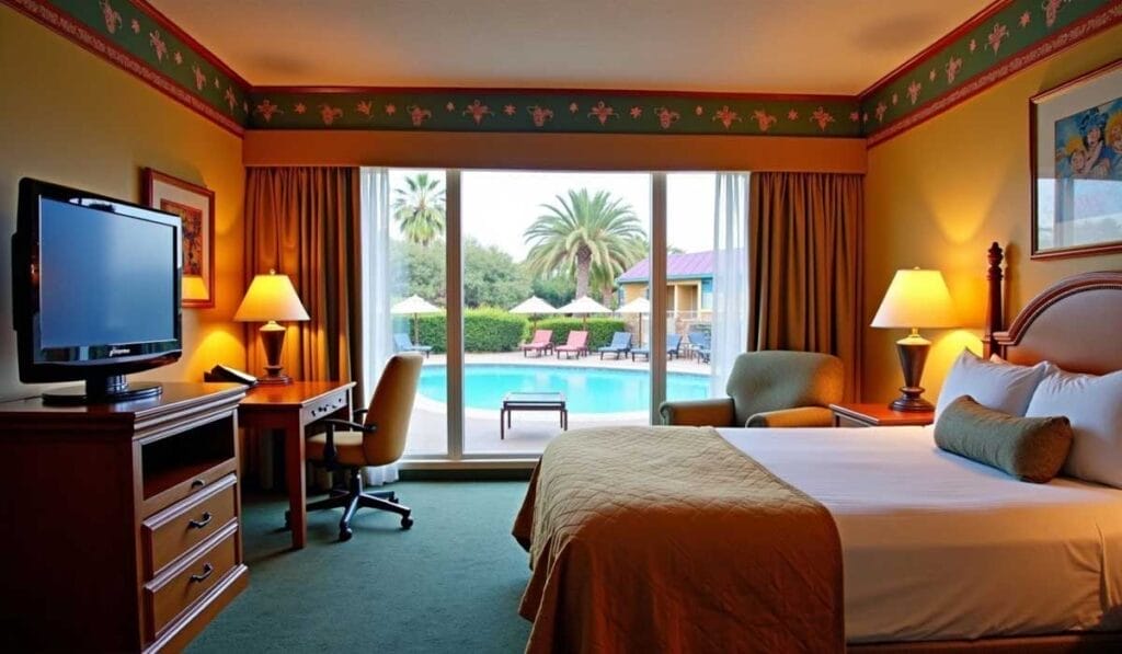 Hotel room near Disney World with a large bed, desk, armchair, and TV. The room has a glass sliding door opening to a pool area with lounge chairs. Decor includes a yellow bedspread and green walls with red trim.