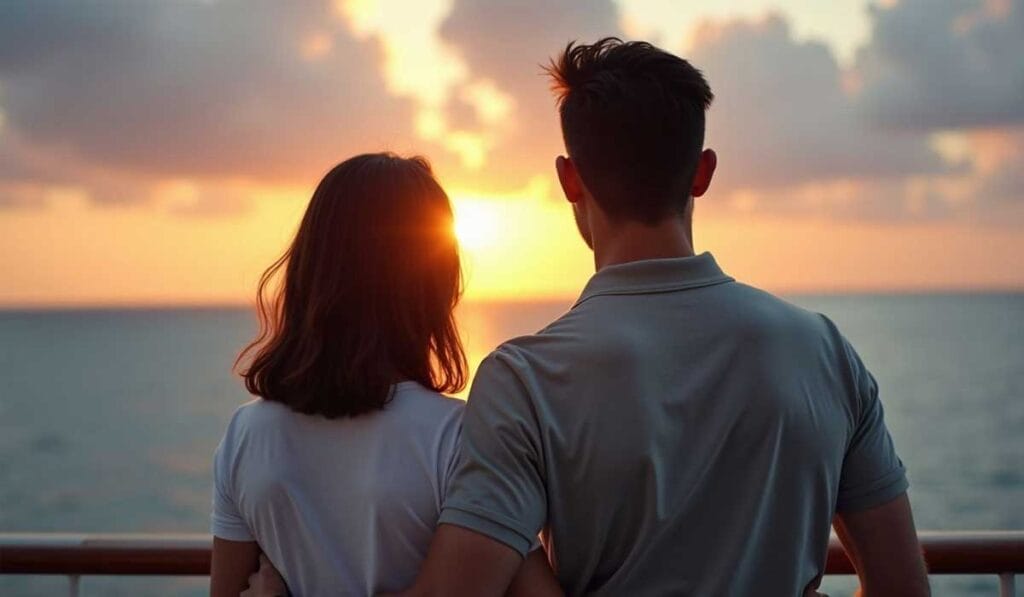 A couple stands close together on a balcony, gazing at the ocean during sunset.