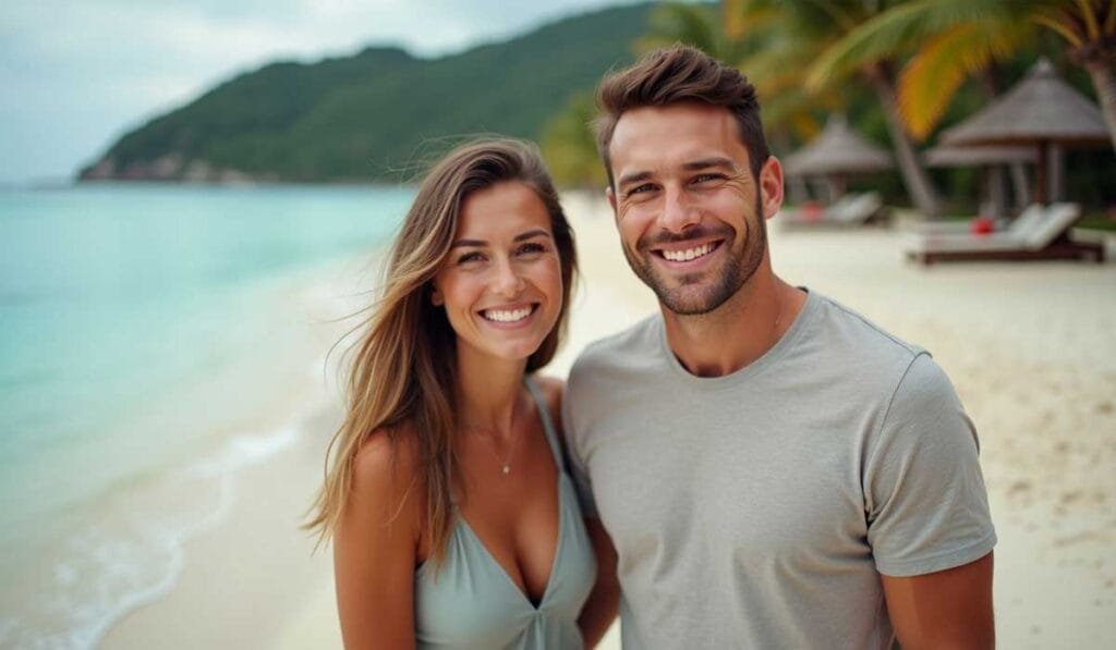 A man and woman smile while standing on a beach with palm trees and lounge chairs in the background.