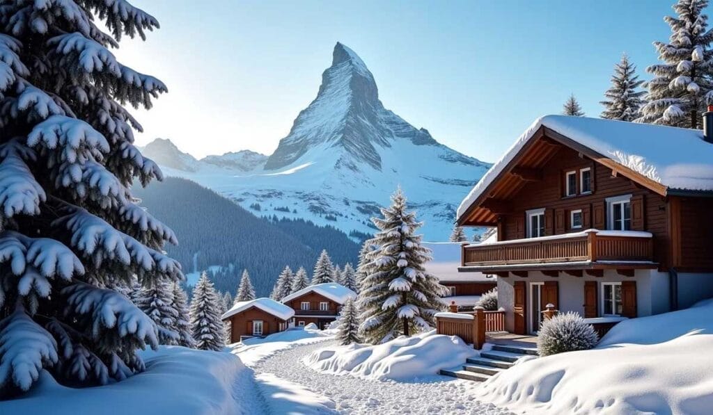 Wooden cabins in a snow-covered village with snow-laden trees and a clear view of a mountain peak in the background under a bright blue sky.