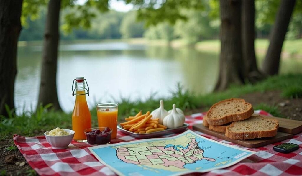 A picnic setup with a map of the United States, juice, snacks, garlic bulbs, and bread on a checkered blanket by a lake. Trees are visible in the background.