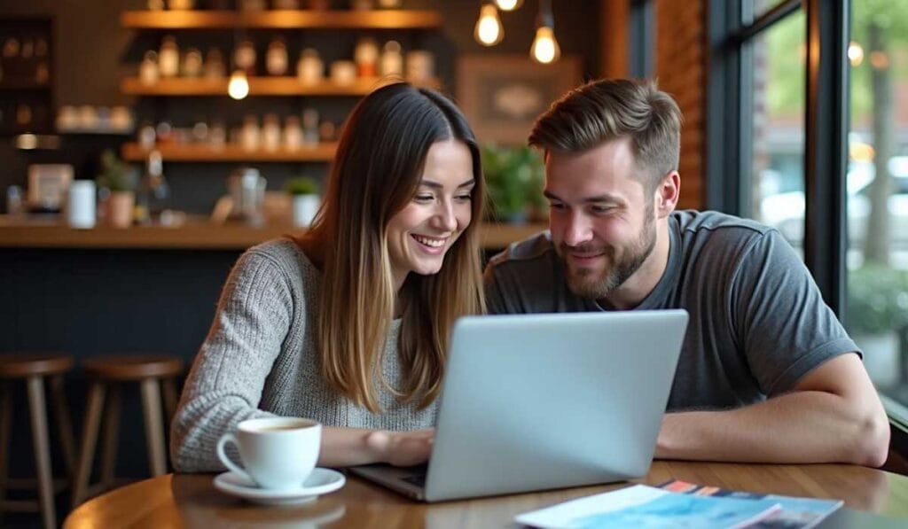 A man and a woman sit at a cafe table, smiling as they look at a laptop screen. There is a cup of coffee and documents on the table.