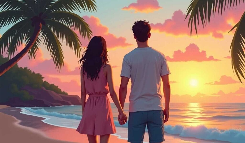 A couple stands hand in hand on a beach, watching the sunset with palm trees and calm waves in the background.