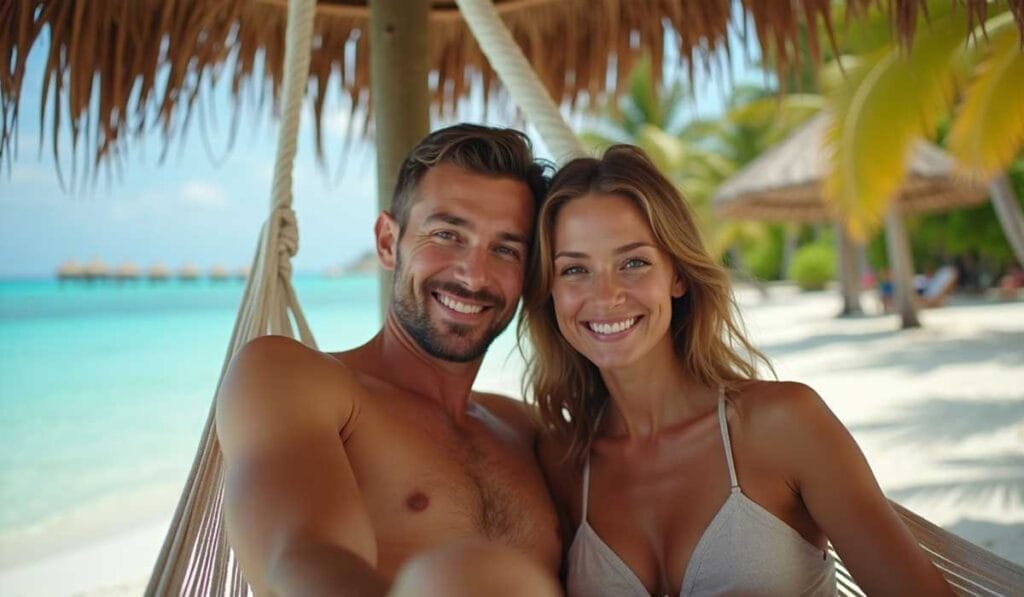 A man and woman smile at the camera while lounging in a hammock on a tropical beach with turquoise water and thatched-roof huts in the background.