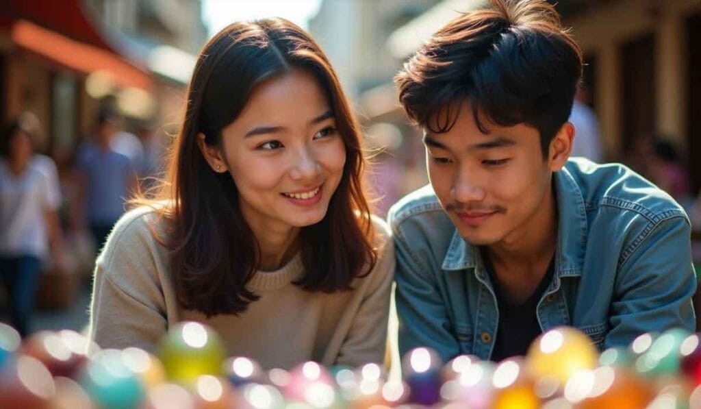 A woman and man smile and look at colorful objects on a table outdoors in a bustling street setting.