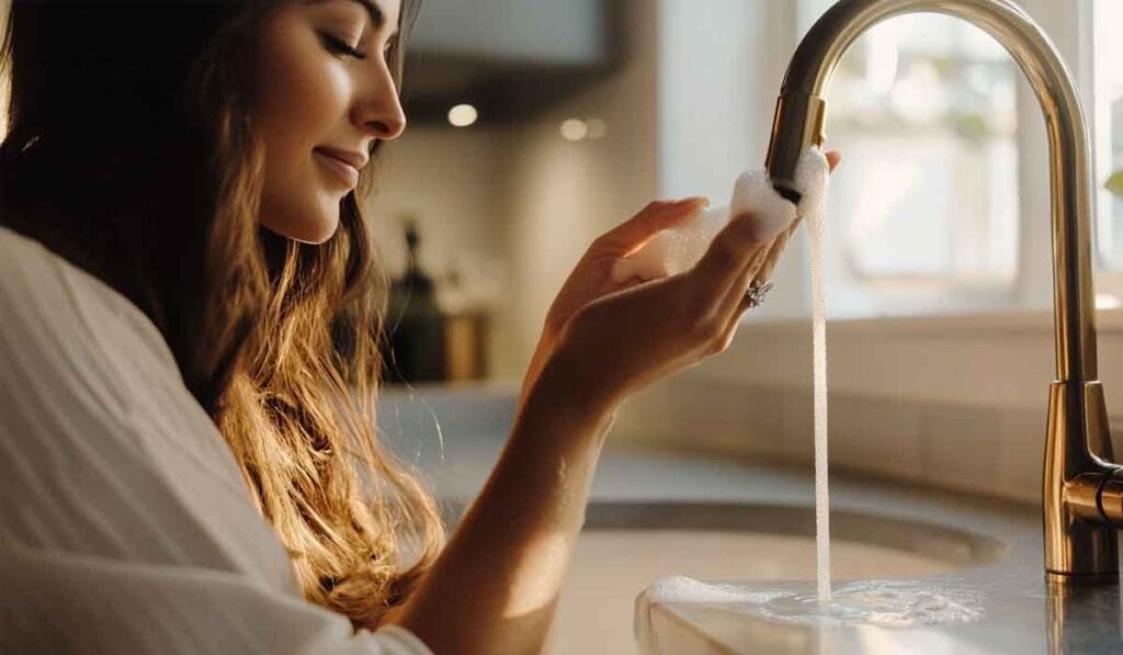 A woman with long hair is standing at a kitchen sink, washing her hands with soap under a running faucet.