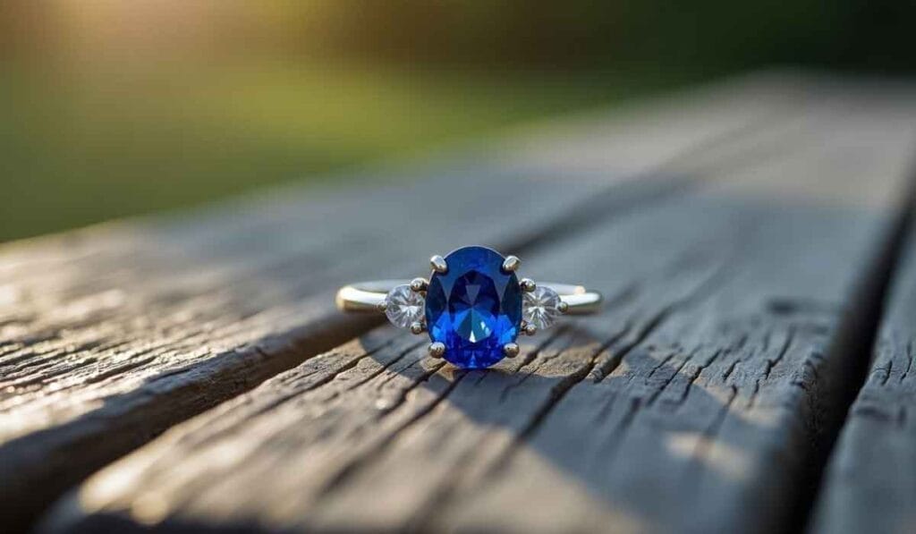 A silver ring with an oval blue gemstone and two smaller clear stones is placed on a wooden surface with a blurred natural background.