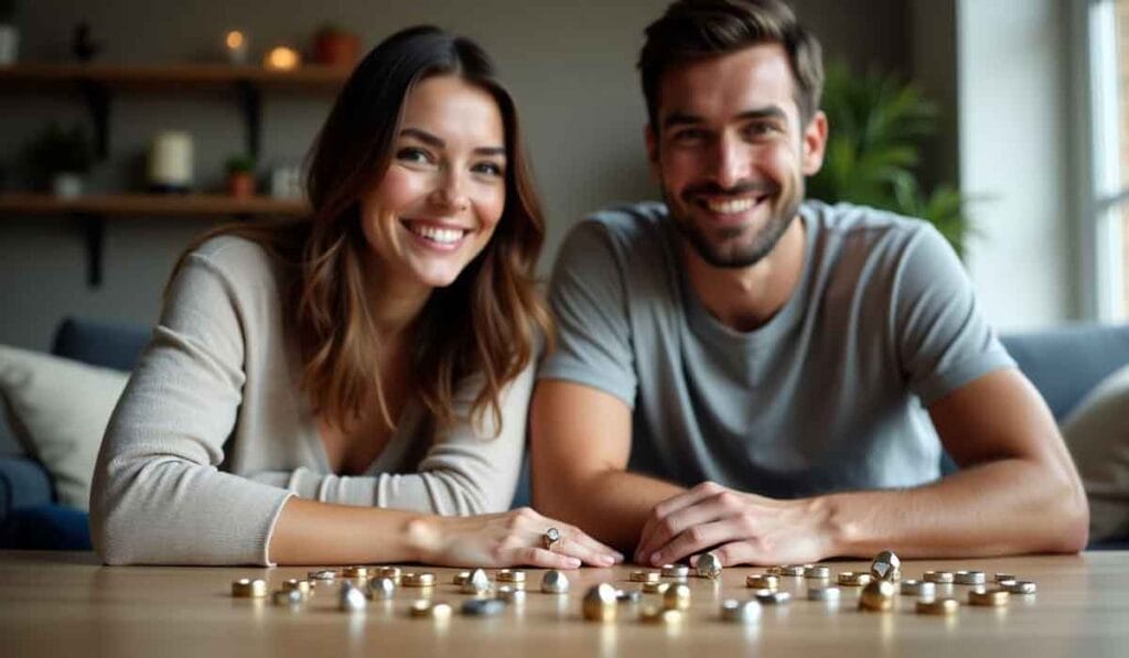 A smiling couple is sitting at a table with various rings laid out in front of them.