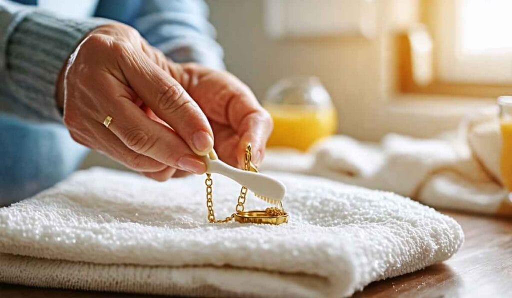 A person is cleaning a gold necklace with a small brush on a white towel.